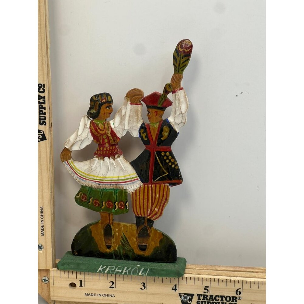 Vintage Krakow Polish Folk Dancers Hand Painted Wooden Figurine Black Brown